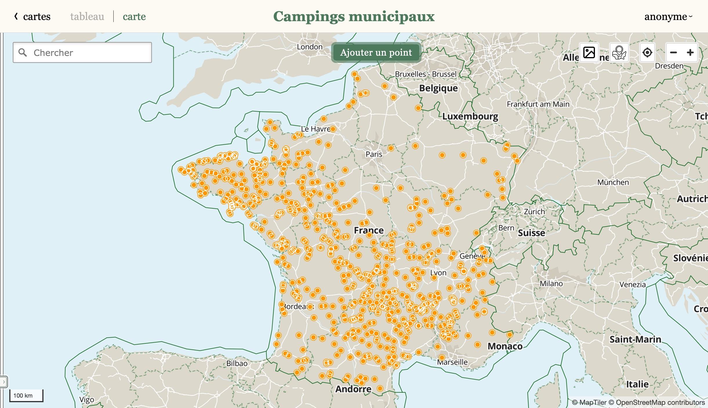 Une carte des campings municipaux en France