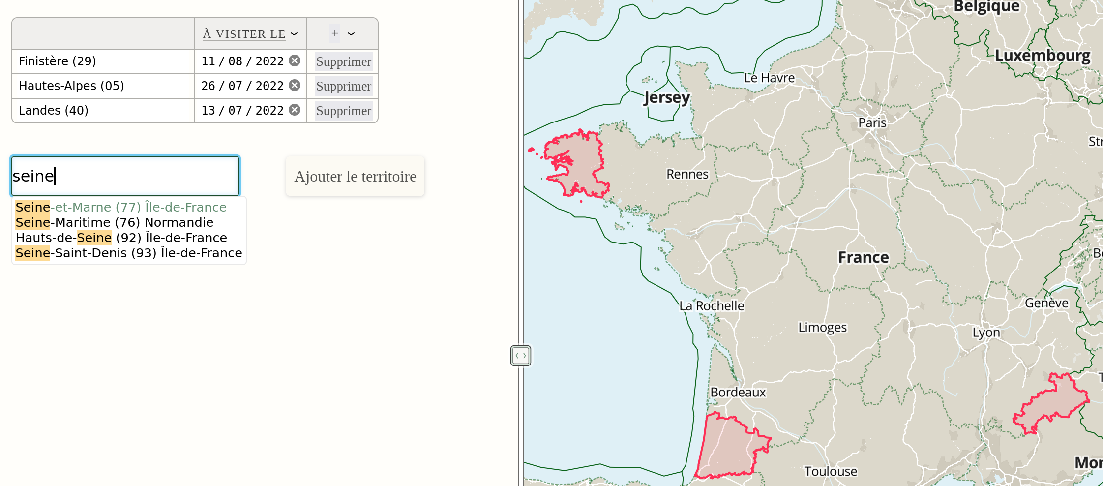 Exemple de Ĝis avec des données basées sur des territoires (départements)